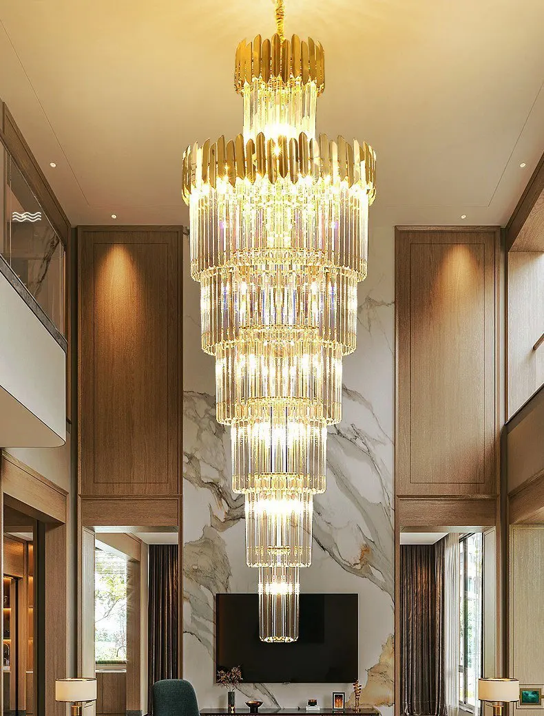 

Duplex villa European style lamps and lanterns modern simple staircase lamps rotating crystal chandeliers