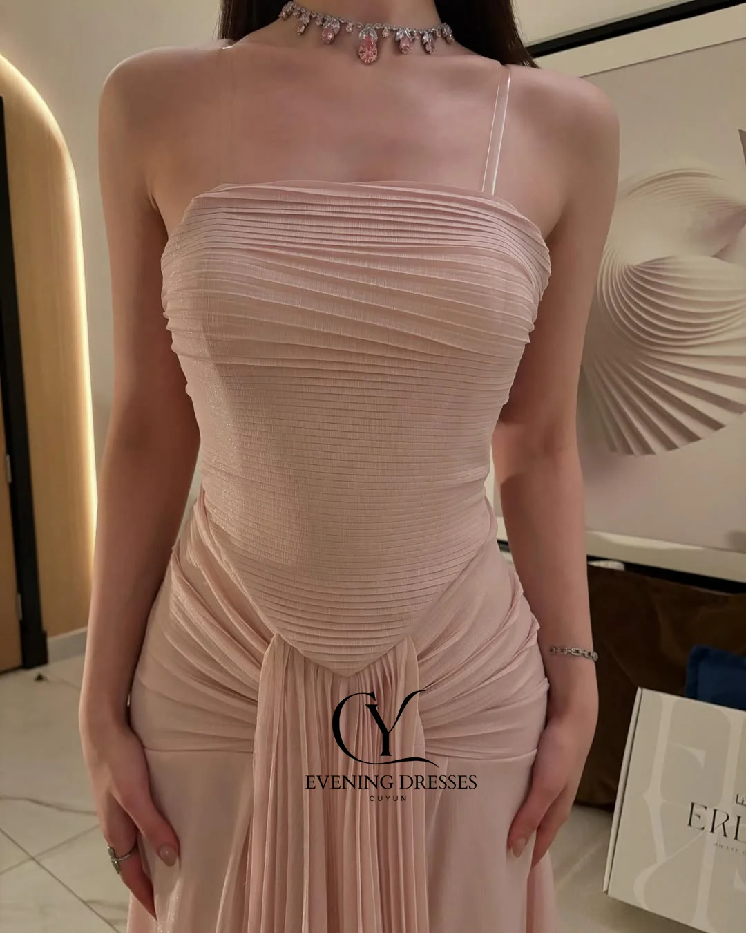 Cuyun personalizado rosa uma linha chiffon maxi vestido de noite sem alças plissado árabe saudita vestido de baile dubai vestido de festa