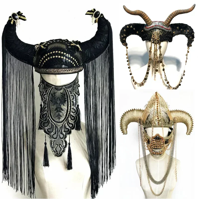 Cosplay Chifres Para Mulheres, Dança, Punk, Horn Props, Halloween Tassel, Máscaras Exageradas, Headdress, DJ, Catwalk Show, Armadura Cap, Cos Demônio, Chifres