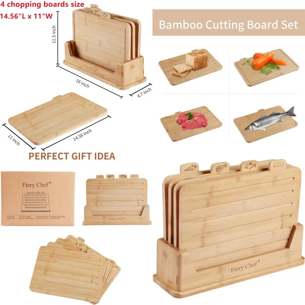 

Набор из 4 бамбуковых разделочных досок с держателем — 14,56 л x 11 Вт, маркировка пищевых значков, пазов для сока, идеально подходит для измельчения мяса, рыбы, бреа