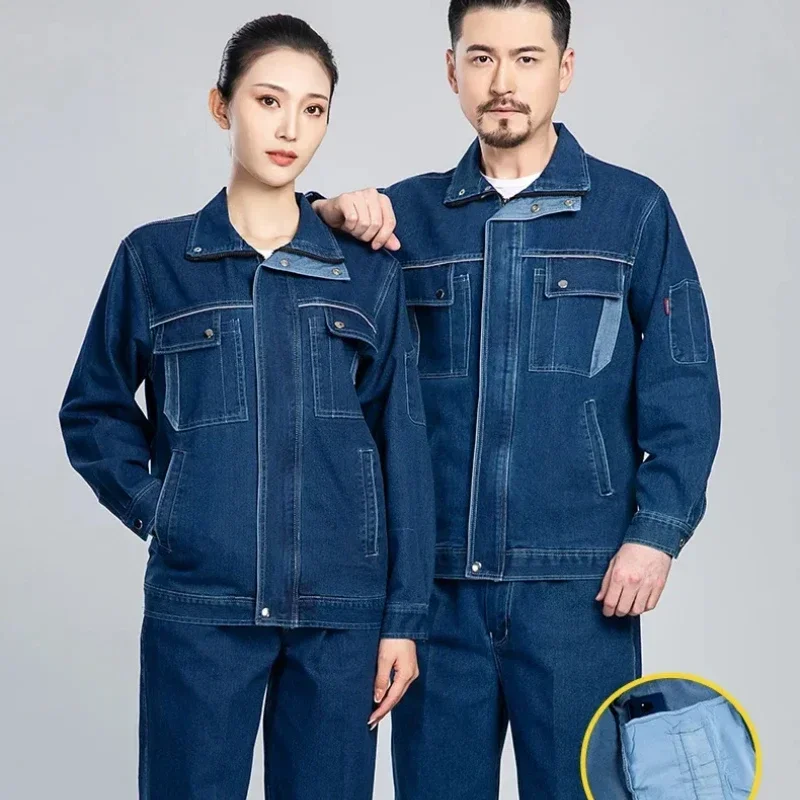 Welding Suits Denim Work Clothing Jeans Jacket pants Worker Coverall Workshop Auto Repair Electrical Mechanic Stretchy Uniforms