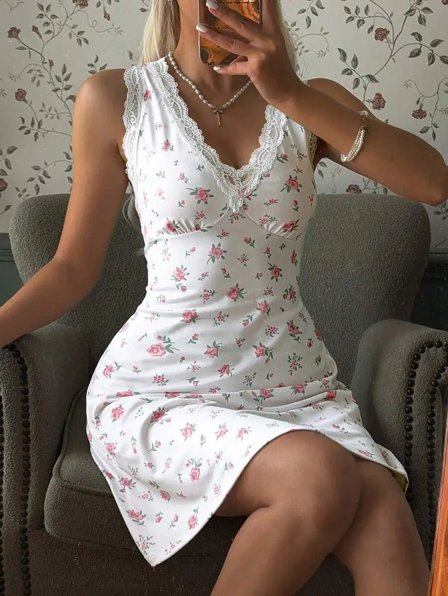 

Womens Floral Lace Trim V-Neck Sleeveless Nightgown Summer Short Ditsy Dress