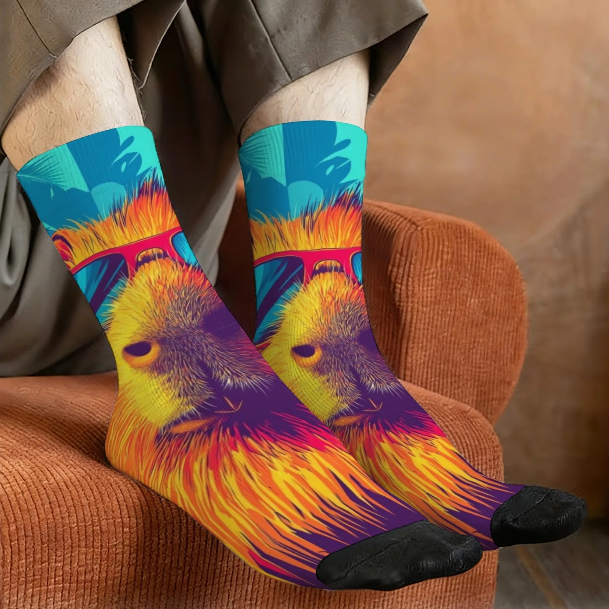 Trendige und coole Capybara-Socken mit Farbverlauf für Herren, mittellange Socken mit tropischem Pflanzenmotiv, Retro-Sommer-Street-Style, lustige und süße Socken