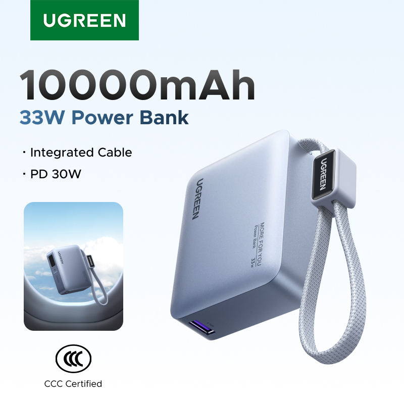  【CCC】UGREEN Mini 33W 10000mAh Power Bank Built-in Type-C Cable PD 30W Charger Compatible for Xiaomi 33W External Battery 