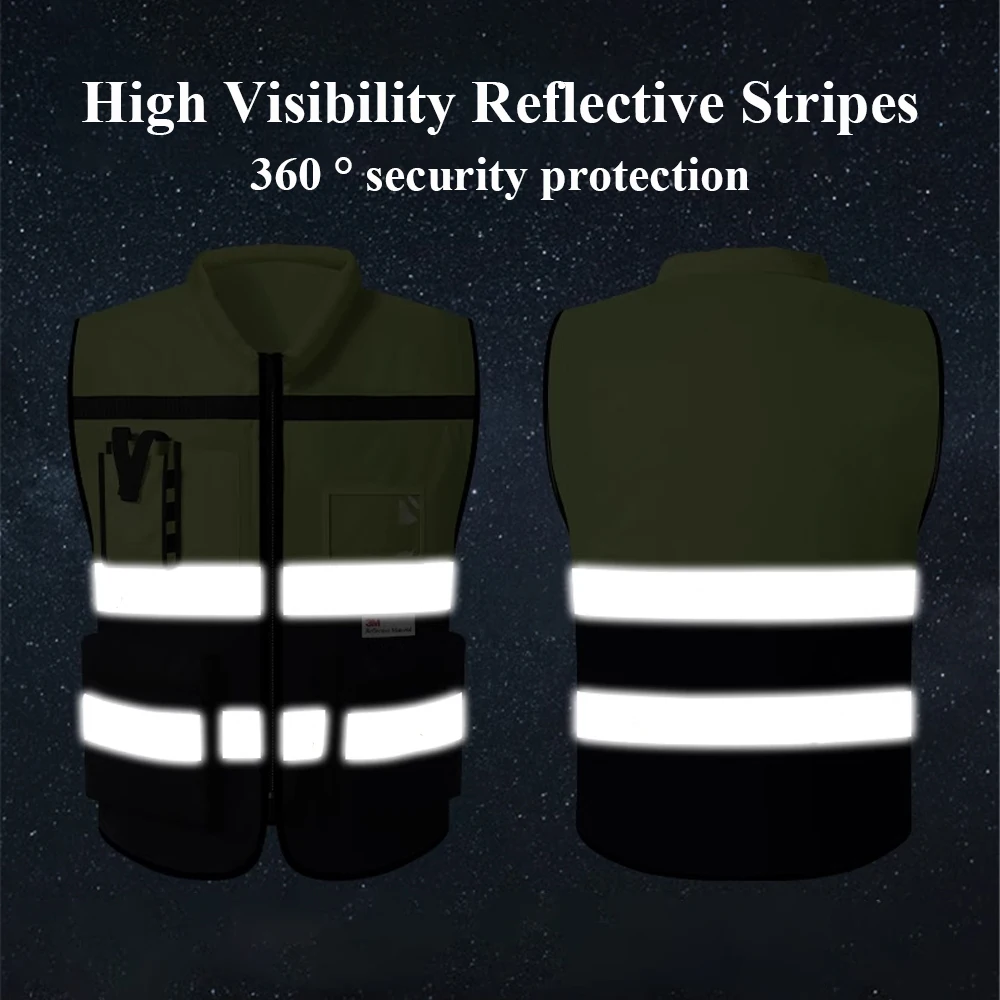 남녀 공용 맞춤형 로고 안전 조끼, 포켓과 지퍼가 있는 투톤 작업복 조끼 (건설 안전 작업복)