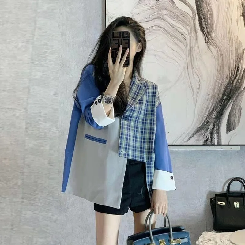 Spring Women\'s Autumn New Loose Plaid Casual Irregular Stitching Suit Ladies Outwear Blazer