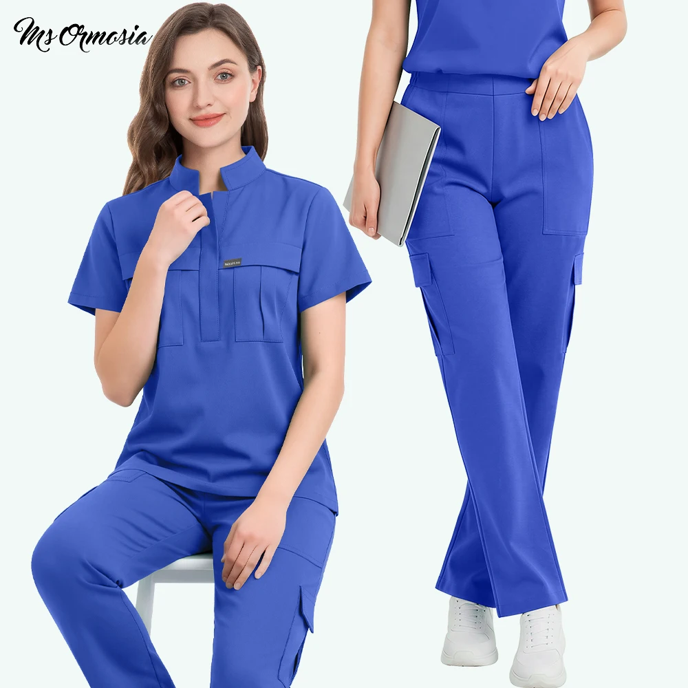 Medical Nursing Scrubs Uniform Women Man Scrub Set Pocket NurseTop+Pants 2 Piece Operating Room Work Suit  Beauty Salon Workwear