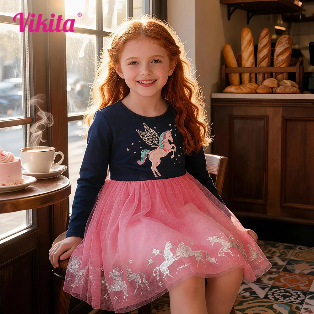 VIKITA Girls Long Sleeve Patchwork Navy Blue Pink Autumn Spring Vestidos Kids Unicorn Print Casual Daily School Costumes Outfits