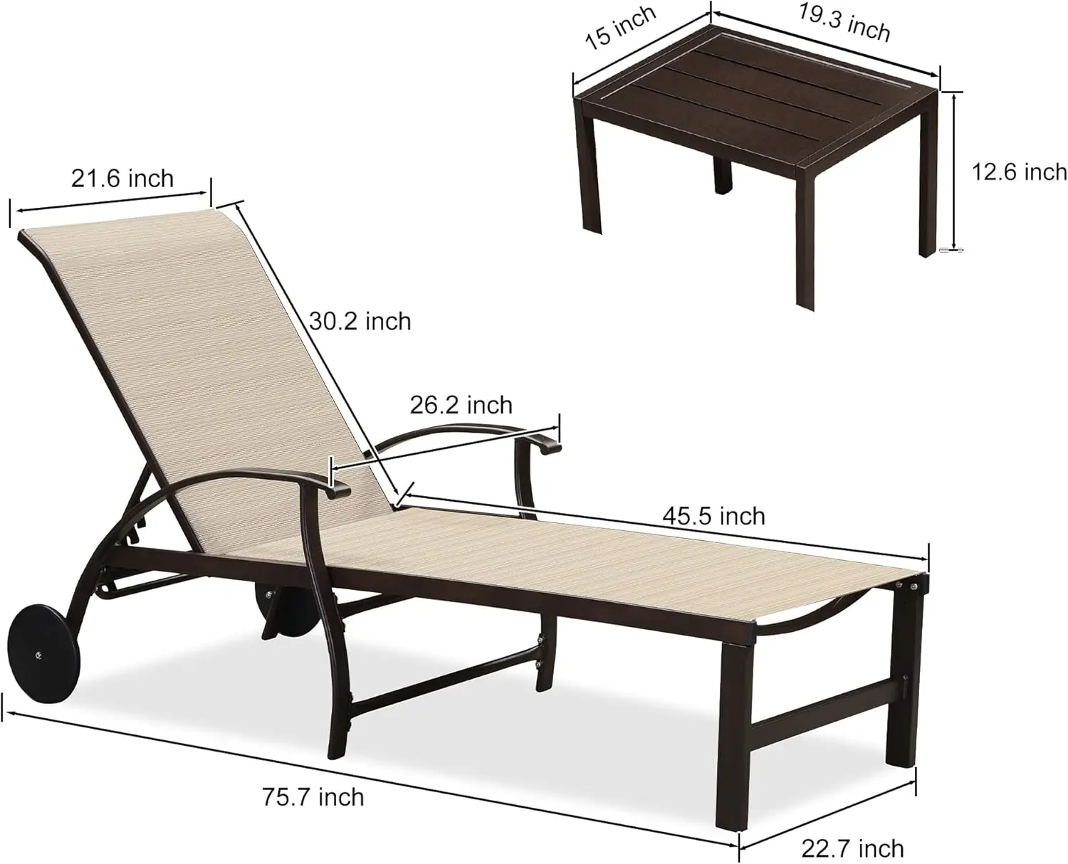 Outdoor Chaise Lounge Chair Set of 3 Patio Pool Lounger Aluminum Chairs with Side Table and Wheels Light Khaki