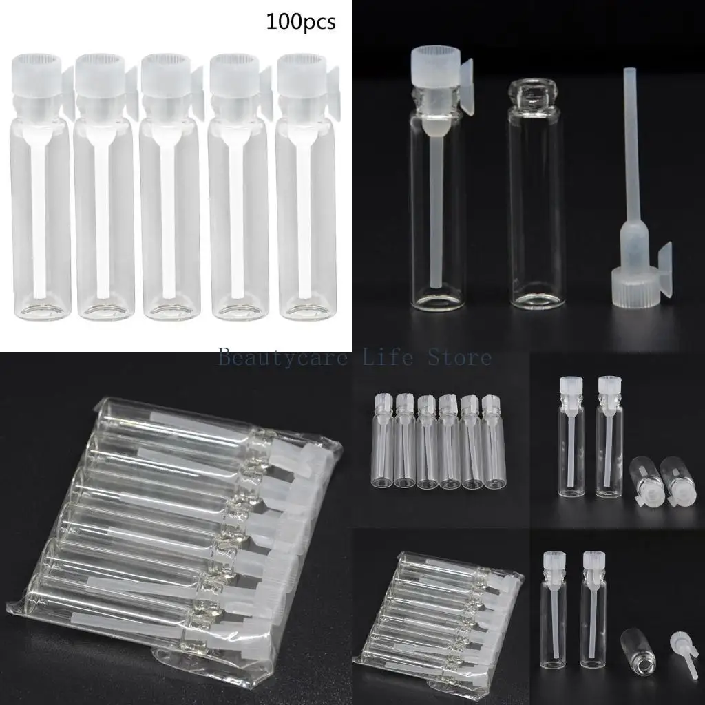 652C 100Pcs 1/2/3ml Mini Clear Empty Glass Bottle Tube Perfume Sample Vials with Plastic Rod Cap for Essential Oil Aromatherapy