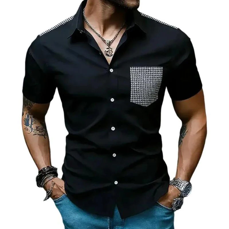 

Summer Men's Houndstooth Patchwork Pocket Short Sleeve Shirt Casual Daily Basic Shirts Fashion Contrast Color Office Work Tops