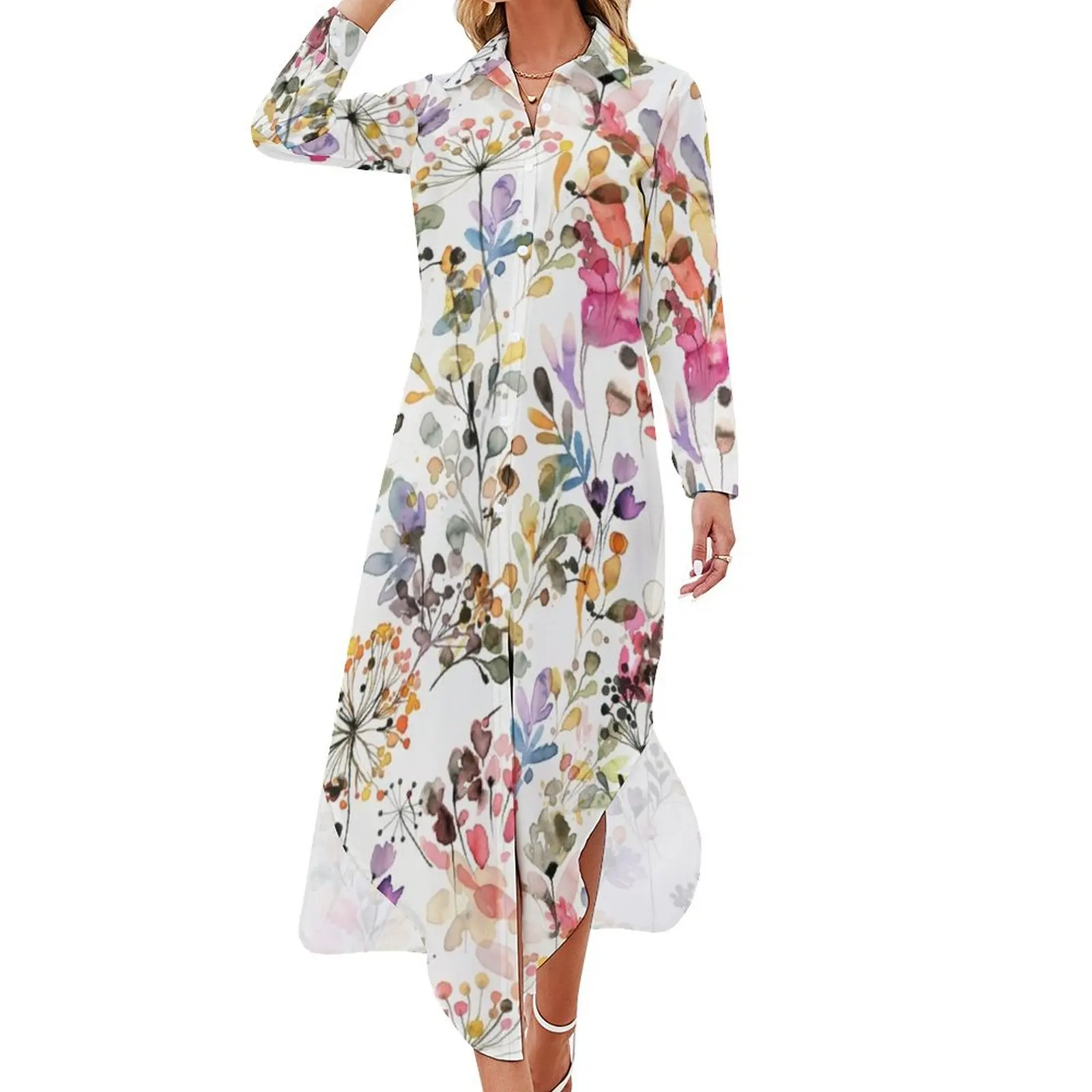 

Wild Flowers and Plants Watercolor - Wild Nature Botanical Print Long Sleeved Shirt Dress women's luxury party dress