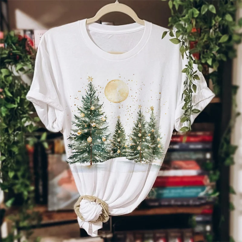 

Printed Short Sleeved Casual Women's Pattern Christmas Tree Snow Scene Style New Year O-Neck Cartoon Top Women's White T-Shirt