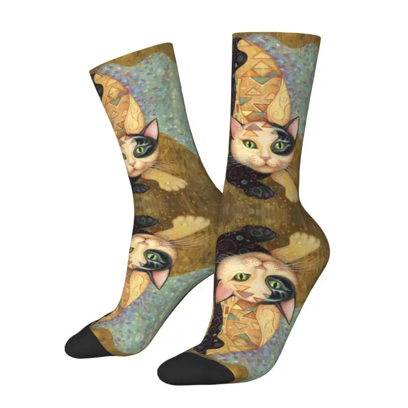 

Harajuku Oil Painting Cat Socks Women Men Warm 3D Printing Art Gustav Klimt Gold Pattern Sports Basketball Socks