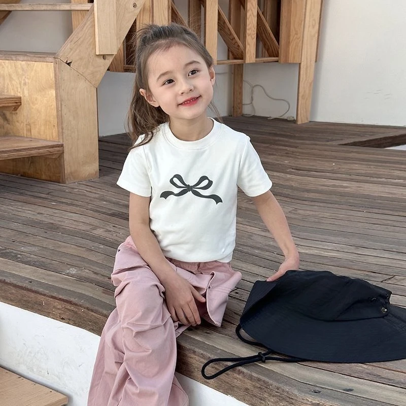 Girls Summer Cotton T-Shirt Kids Chinese Bow Design Short Sleeve Tee Cute Casual Top for Little Girls Trendy Ins Inspired Style