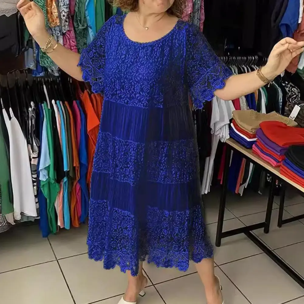 Vestido Midi de encaje para mujer, traje holgado de manga corta, cuello redondo, bordado de flores, plisado, Verano