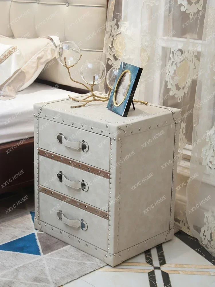 Bedside table Solid wood light luxury chest, bedroom retro simple leather storage bedside table