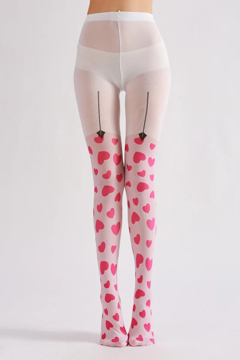 Personality Playful Love Heart Printing Ladies Pantyhose Fake Suspenders Pattern Hottie Sexy Velvet Color Match Tights