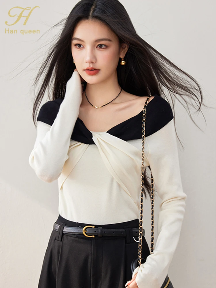 H Han Queen Autumn Pullover Knitwear Long Sleeve T-Shirt Office Vintage Korean Style Tops Casual Tee Fashion Women Clothing 2024