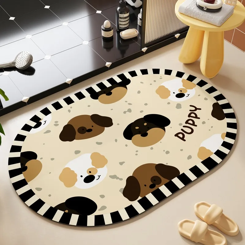 Bathroom Mat Cartoon Dog Cute Style Rug Absorbent Quick-drying Floor Mats Toilet Diatom Mud Non-slip Carpet Oval Decorative Rugs