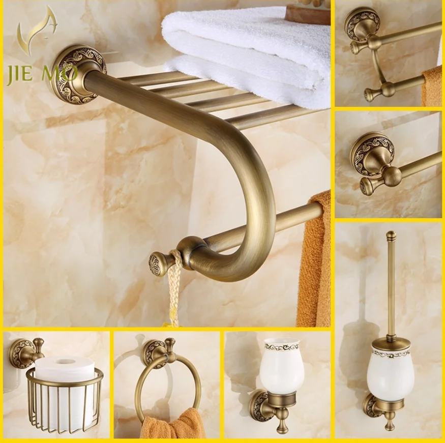 Antique Brushed Copper Carved Base Bathroom Accessories Bath Towel Shelf Towel Bar Paper Holder Cloth Hook