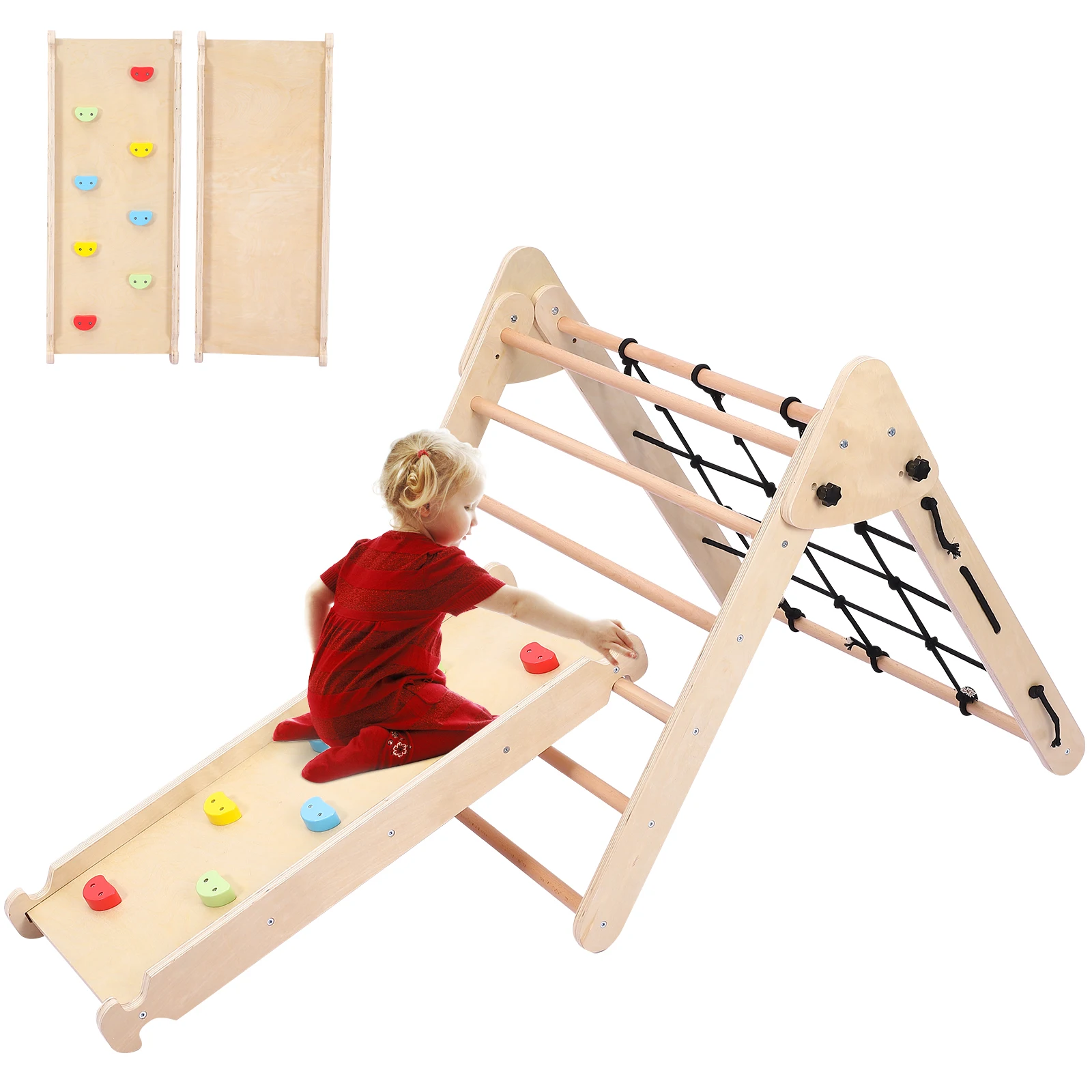 

Toddler Indoor Gym Playset, 2-in-1 Wooden Climbing Toys, Triangle Folding Climbing for Climbing & Sliding for Boys and Girls 18M