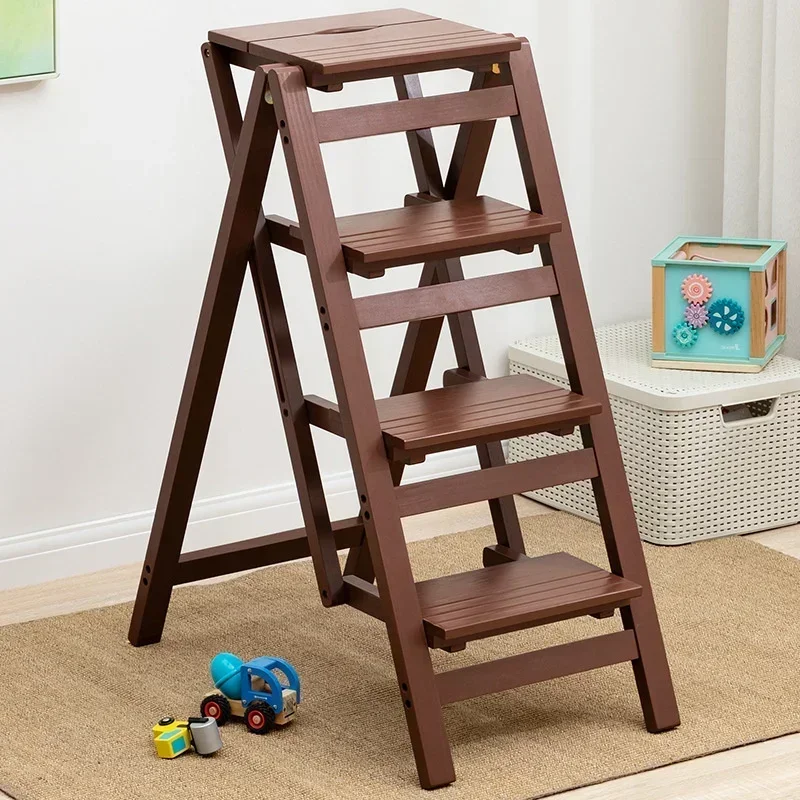 Indoor Home Use Solid Wood Folding Ladder Chair, Dual Use Stool Ladder Multi-Functional Staircase for Climbing and Pedaling