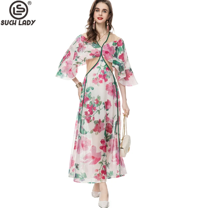 

Women's Runway Dresses Sexy V Neck 3/4 Flare Sleeves Floral Printed Waist High Street Fashion Casual Vestidos