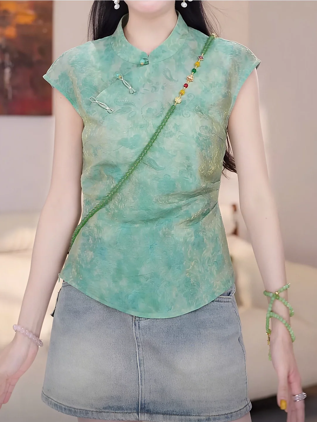 

New Summer Chinese Style Shirt Women's Slim Fit Short Sleeve Stand Collar Button Placket Thin Versatile Green Top