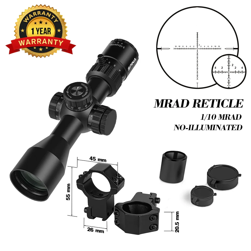 SPINA OPTICS Riptide HD 3-12x44 FFP SFIR Kompakte Zielfernrohr Optik Tactical Jagd Seitliche Parallaxenverstellung für Karabiner AR15 PCP .308 5.56 22LR 8