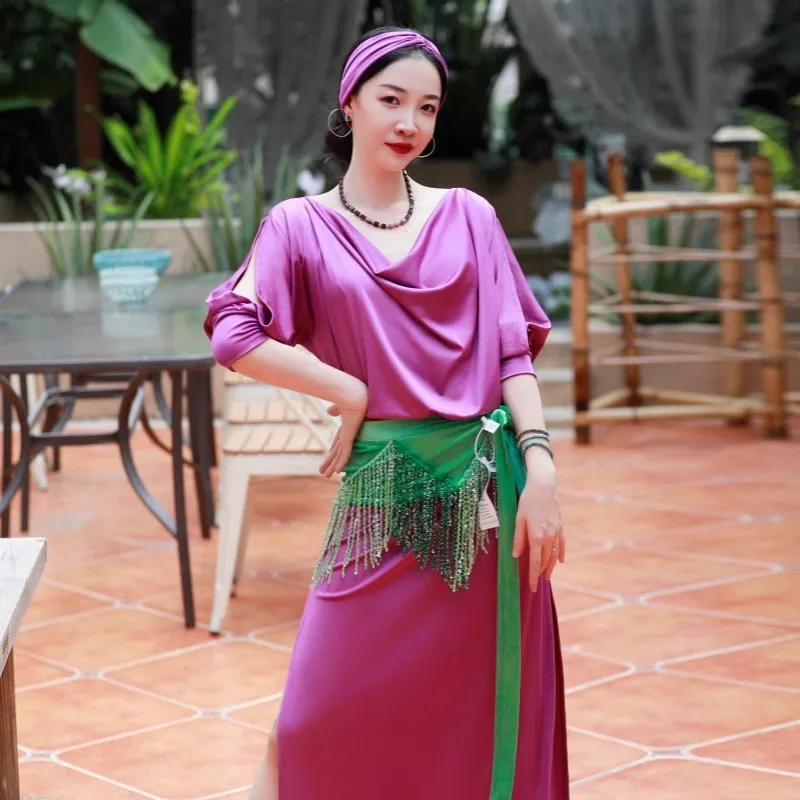 Maßgeschneiderter orientalischer Tanz, Folk-Farbanpassung, Robe, Haarband, Performance-Kleid, Übungskleid, Bauchtanz-Kostüme, kein Hüfttuch