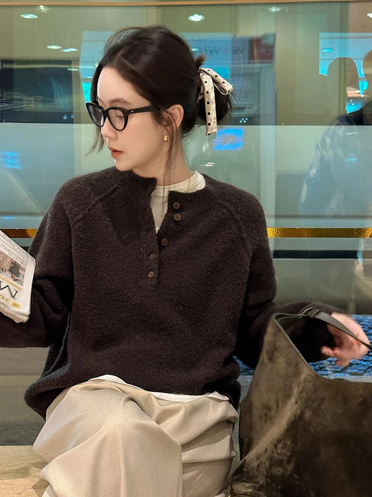 

Korean version lazy style lamb wool round neck knitted sweater women's autumn and winter design soft pullover sweater