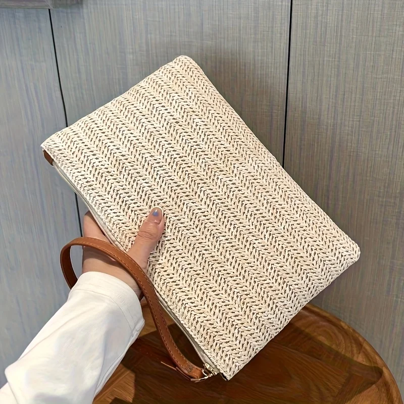 Natural Straw Woven Clutch Bag for Women Purse Wallet with Zipper Closure, Perfect for Parties, Festivals, Gift, Everyday Use