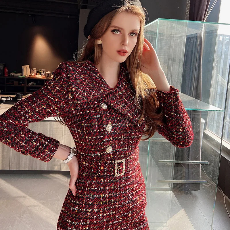 Elegant Retro Tweed Asymmetric Large Lapel Slimming Dress Women's Autumn Winter High-Grade Long Sleeve Mid-length Dress