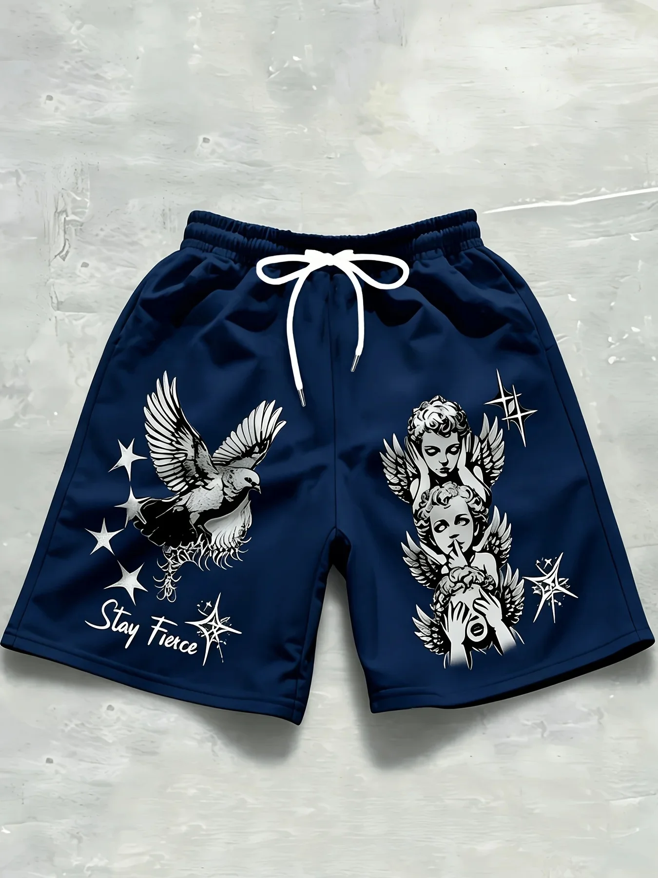 

European and American Men's Summer Little Angel Letter Print Comfortable Breathable Drawstring Shorts Outdoor Casual Pants