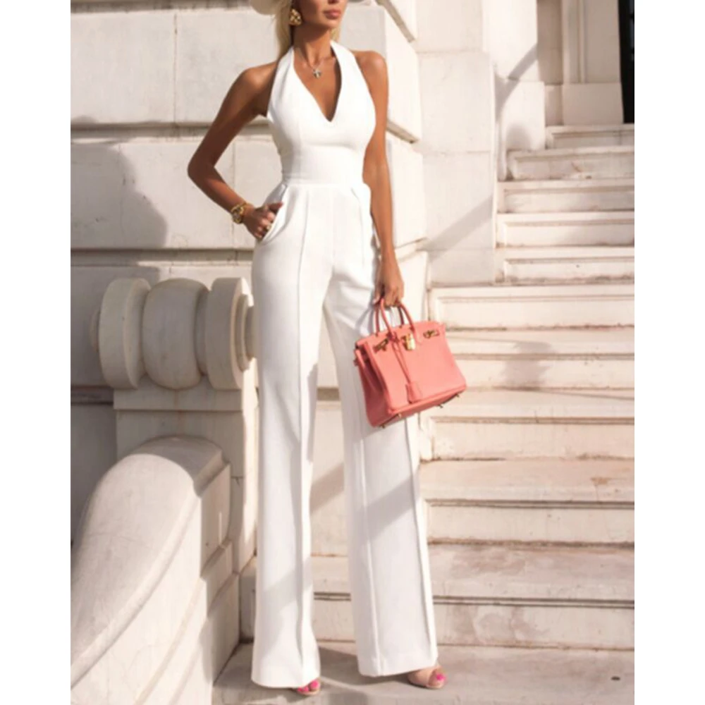 Women Elegant Sleeveless Halter Backless Deep V-Neck White Jumpsuits Lady Summer Wide Leg Work One-Piece Jumpsuit Streetwear