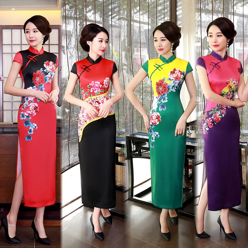 

Весенне-летний новый атласный Cheongsam, модифицированный длинный тип, тонкий женский костюм с принтом в китайском стиле, большие размеры, платье, костюм
