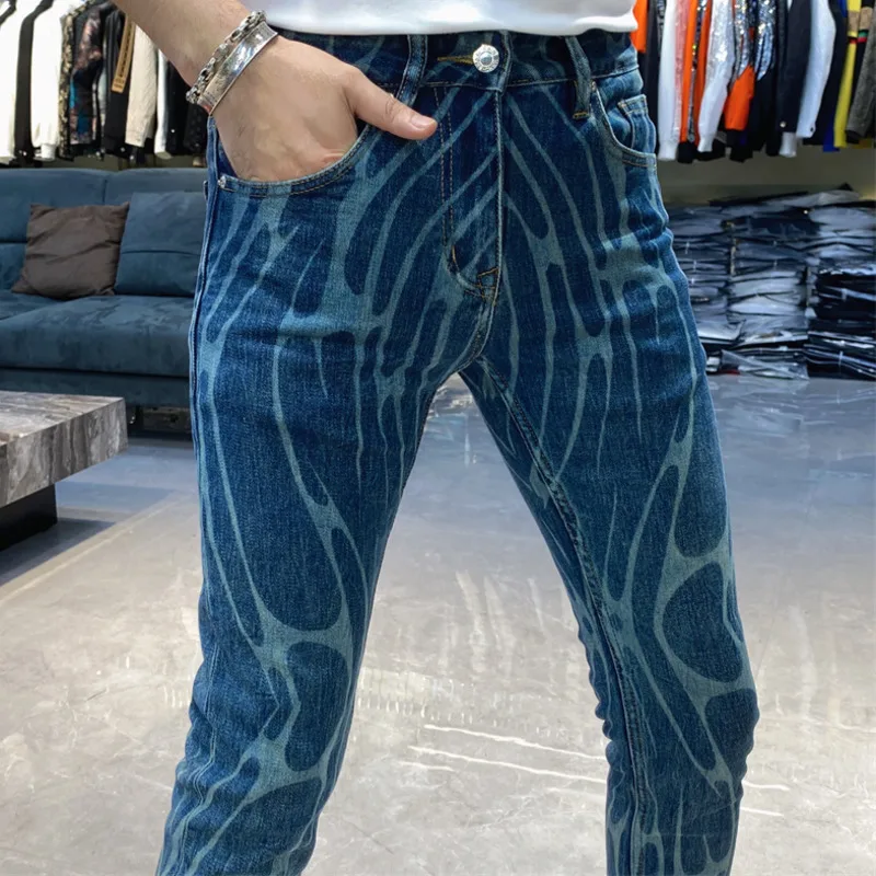 

2023 Fall Men's Fashion Personalized Print Jean Slim Fit Elastic Jeans Trend Korean Slim Pant Vaqueros Hombre Erkek Kot Pantolon