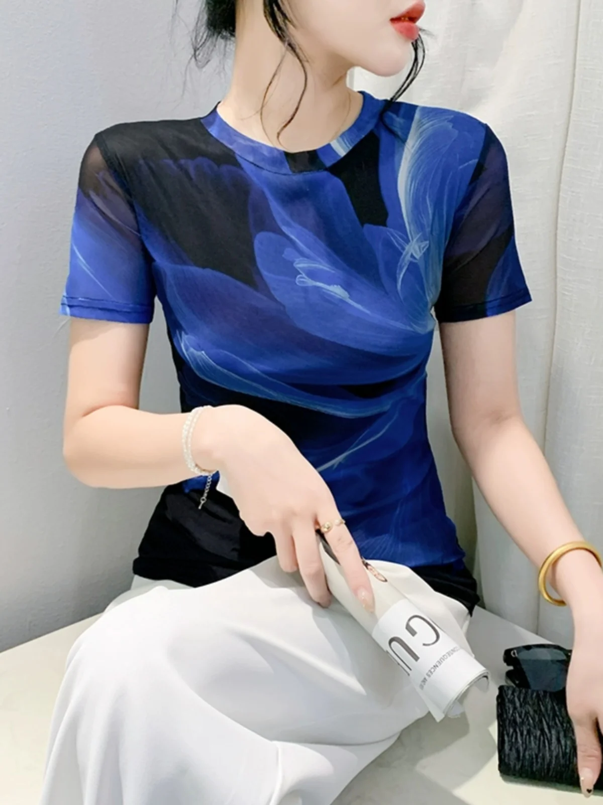 

Tie-Dye Print Me ort Sve T-irt Women Summer Slim Fit Faionable Slimming Street Sle round Ne Casual Top