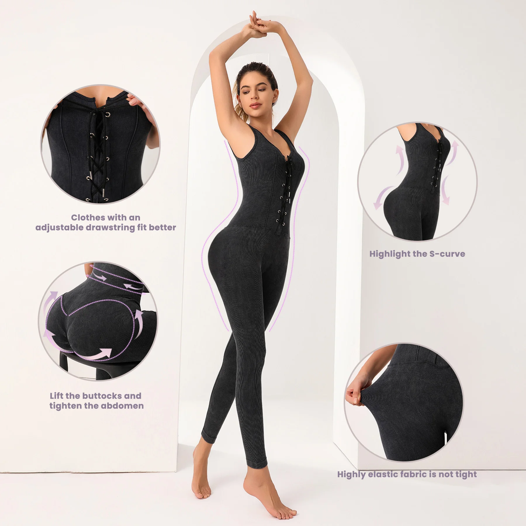 Bezszwowy kombinezon do jogi bez rękawów, wiązany z przodu, prążkowany, modelujący sylwetkę, z wysokim stanem, elastyczny w 4 kierunkach, odzież sportowa do ćwiczeń na siłowni.