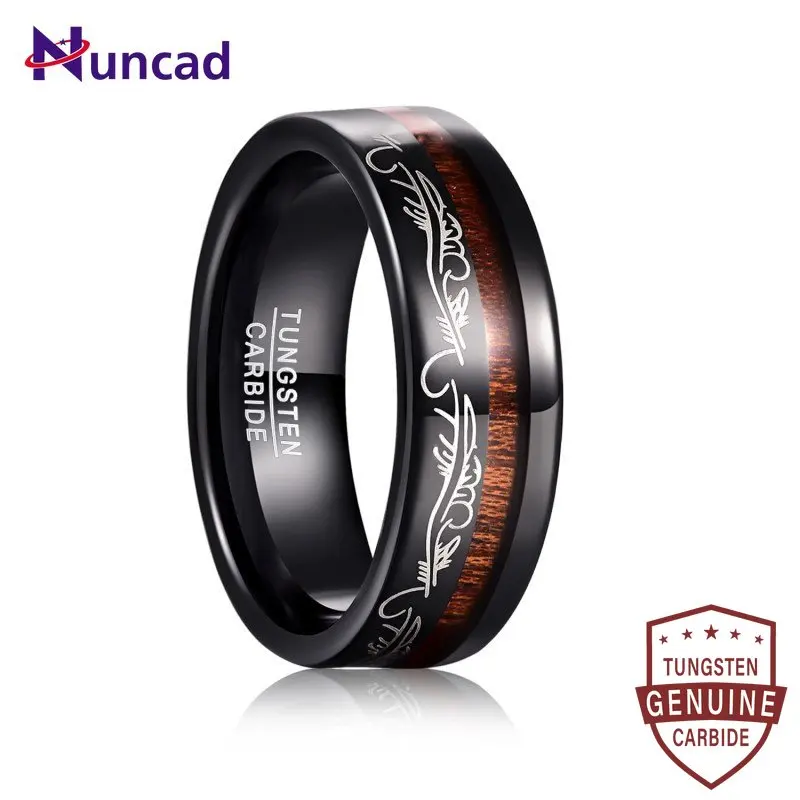 Nuncad Electric Black Inlaid Veneer Laser Pattern Tungsten Carbide Ring For Men Groove Wood Comfort Fit Engagement Party Rings