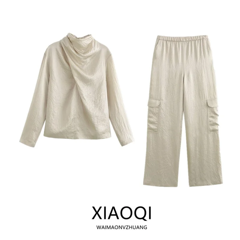 New 2024 Women's Fashion Silk Satin High Waist Long Pants Folded Top Versatile Quality Autumn Collection 8935192
