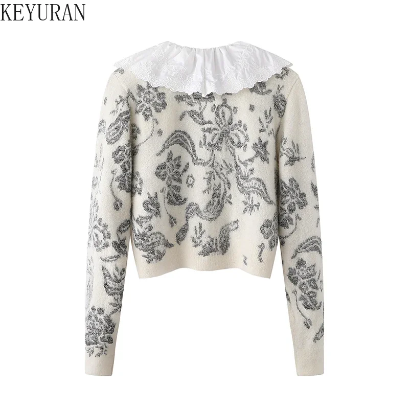 2023 Autumn Winter Peter Pan Collar Vintage Jacquard Sweater Cropped Knitted Cardigan Coat Women Long Sleeve Top Knitwear Jumper