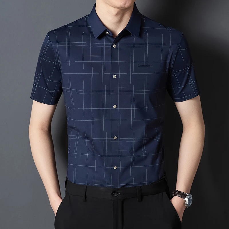 Fashion korean popular clothes sunmmer elastic short sleeve shirts for men slim fit formal plian shirt soft office plaid tops