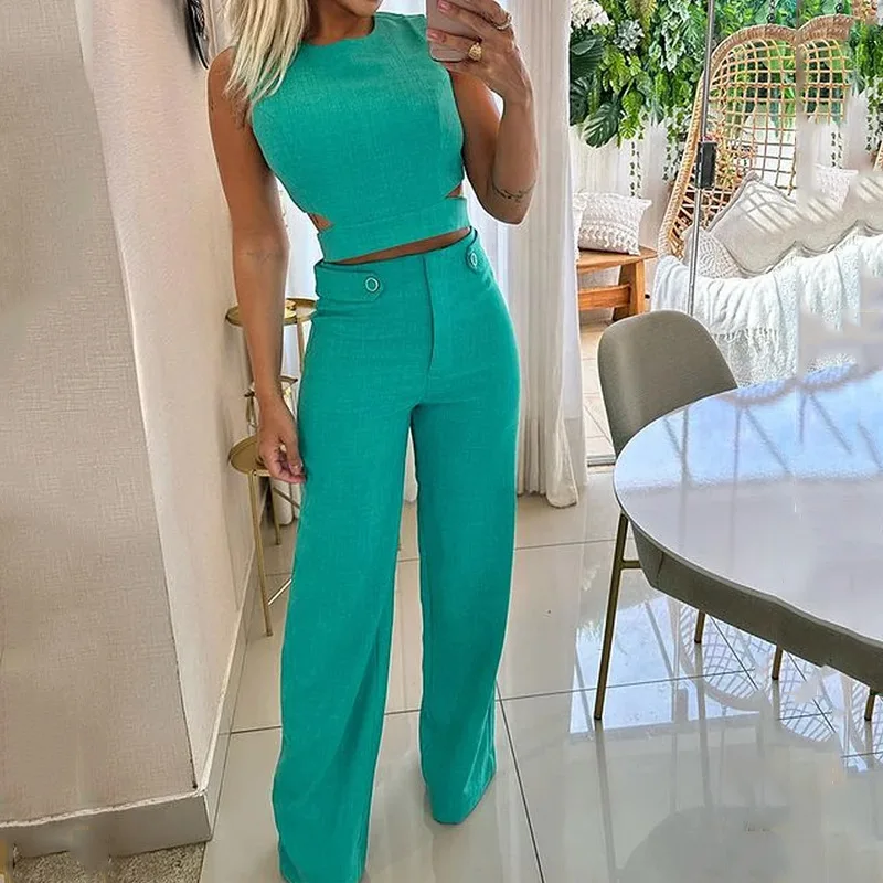 Two Piece Sets Women Splice Tops Sleeveless Button Pants Set Slim Fit Casual Straight Trousers Solid Office Lady Spring