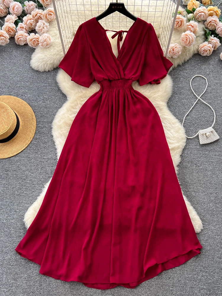 Women Fashion Vintage Elegant Chiffon Casual Dress Summer V-neck Short Sleeve Elastic Waist Slim A-line Beach Long Dresses