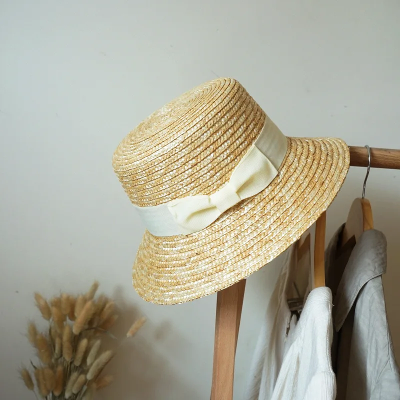 Handmade Summer Hats For Women Bucket Hat Ladies Sun Hat Ribbon Bowknot Beige Straw Hat Adjuatble Beach Hat Wide Brim Derby Hat