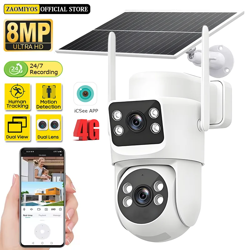 

Auto Tracking Surveillance Solar Camera 4G SIM Outdoor 8MP Dual Lens PTZ Security Night Vision AOV 24h Recording CCTV IP Cameras