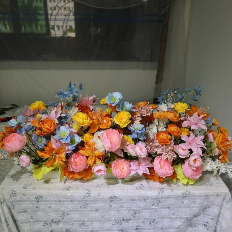 Buntes Orange-Rot-Blau-Rosa Künstliches Tischblumenarrangement Hochzeitsbankett Esstisch-Mittelstück Rosen-Mischblumenreihe – Detail 10