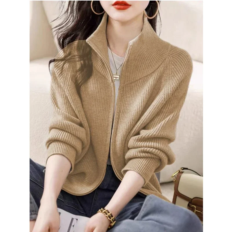 

Spring Autumn loose Sweater Sexy gray Cropped Tops Fashion solid Zip-up Cardigans Casual turtleneck Long Sleeve Knitting Coats